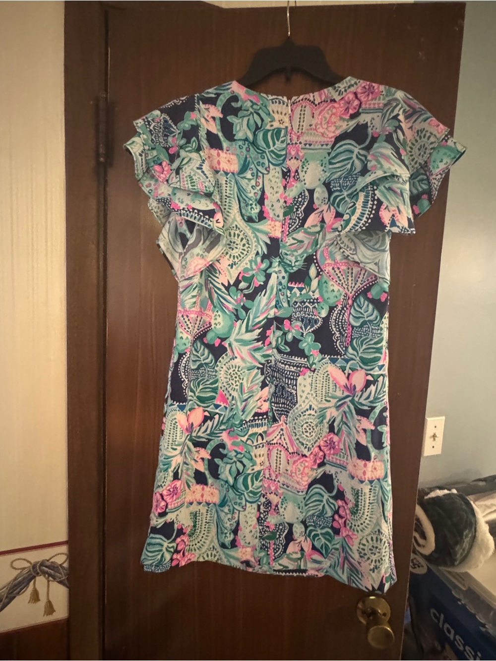 Lilly Pulitzer Navy Floral Flutter-Sleeve Mini Dress with Pink & Teal Accents